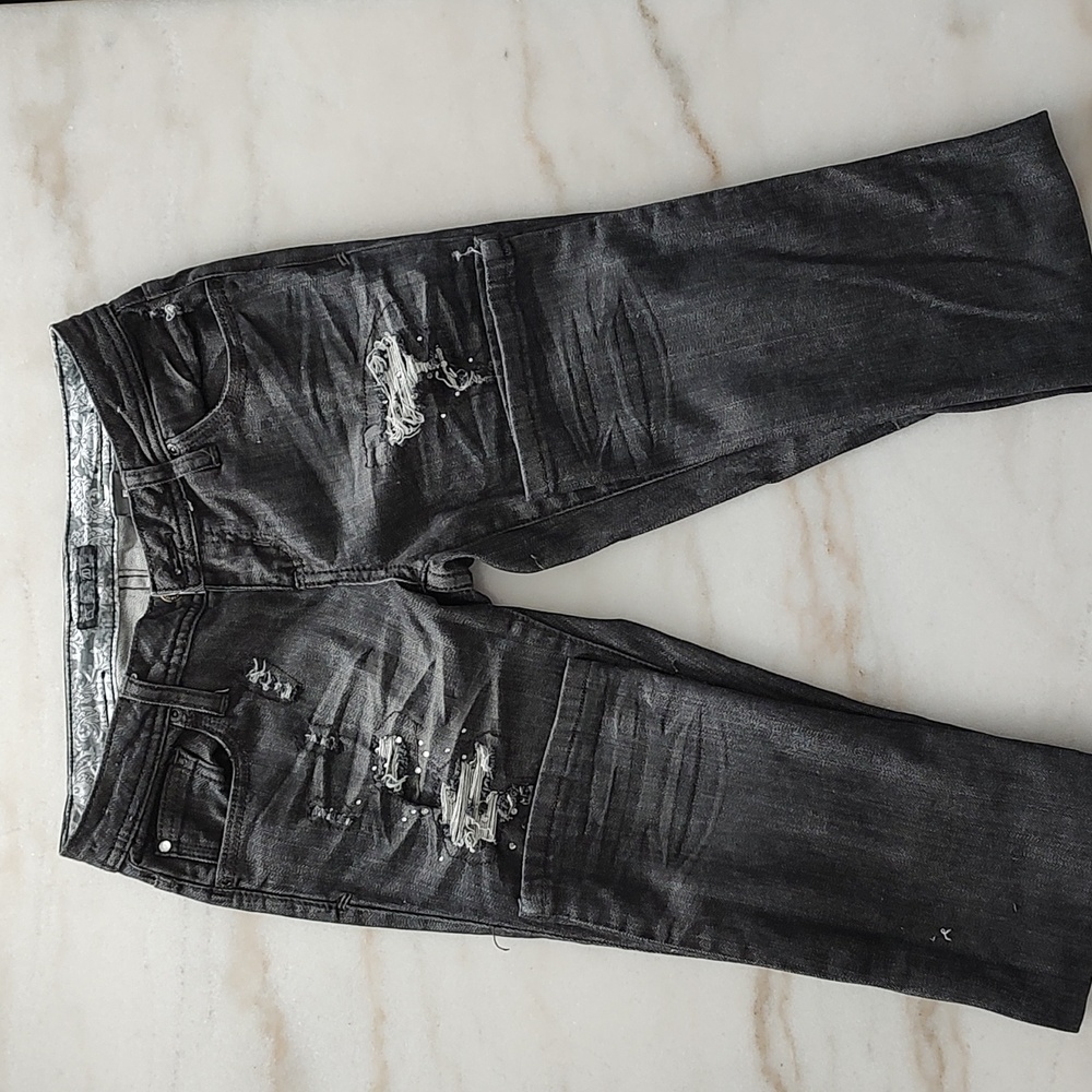 Black jeans ripped rhinestones
